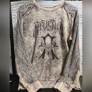 Affliction Brown, Tan, Black & Silver Lace Detail Sweat Shirt Size Small NWOT